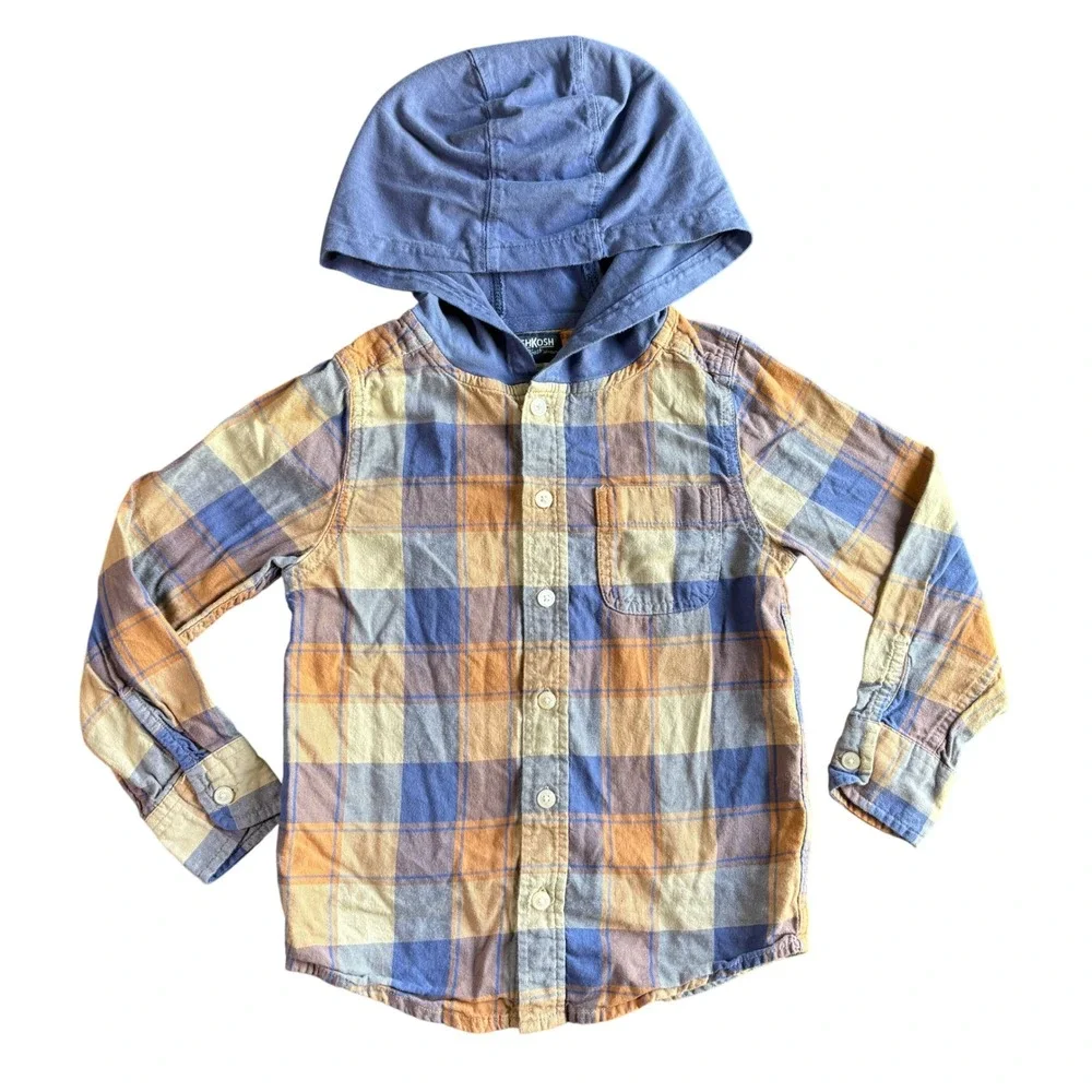 OshKosh Bgosh Kids Blue Orange Plaid Hooded Flannel Shirt Size 6 OSH89381-SML